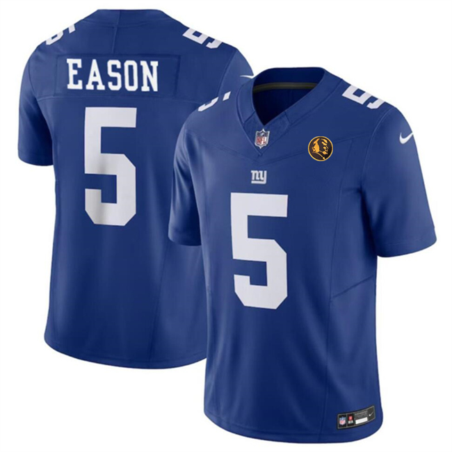 Men's New York Giants #5 Jacob Eason Blue 2023 F.U.S.E. With John Madden Patch Vapor Limited Football Stitched Jersey